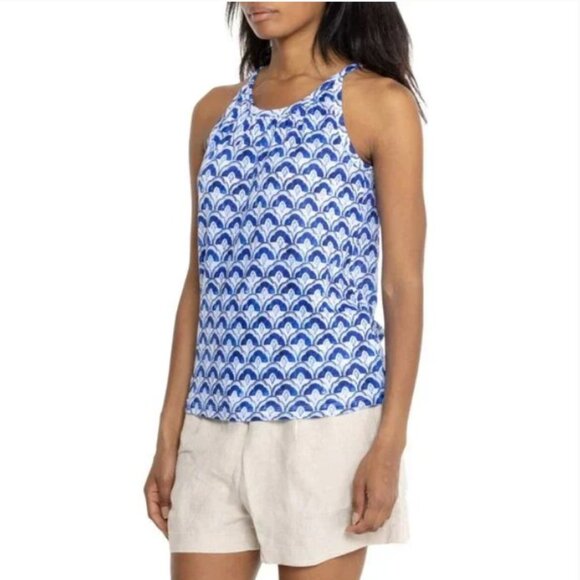 Sigrid Olsen Top Womens S Blue White Linen Narrow Banded Halter Beach Waves Tank - Picture 1 of 11